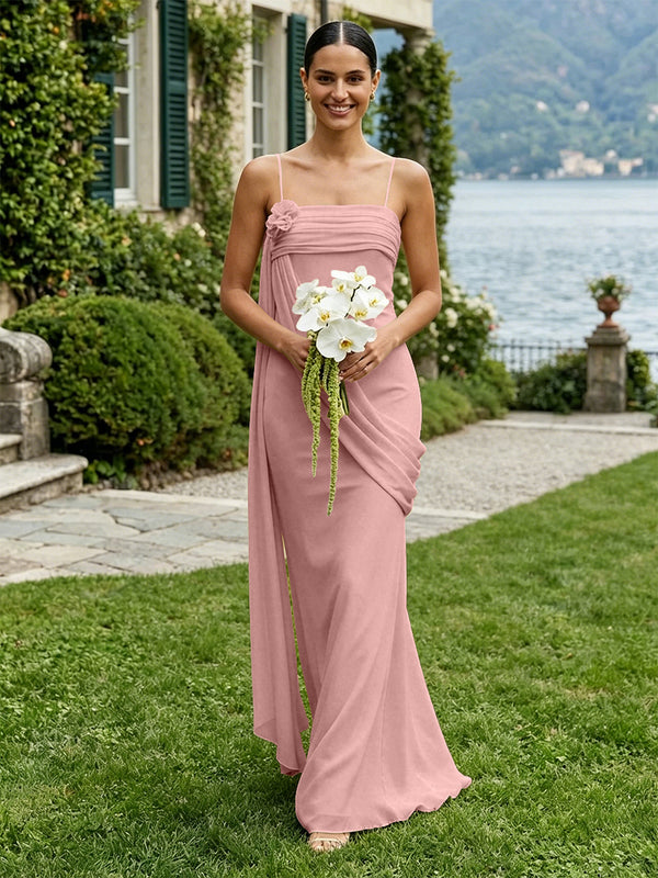 Chiffon Square Neck Ruched Spaghetti Straps Pleated Bridesmaid Dresses
