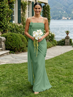Chiffon Square Neck Ruched Spaghetti Straps Pleated Bridesmaid Dresses