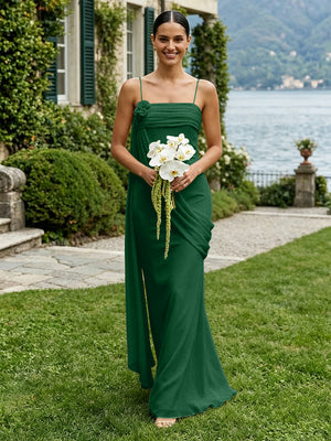 Chiffon Square Neck Ruched Spaghetti Straps Pleated Bridesmaid Dresses