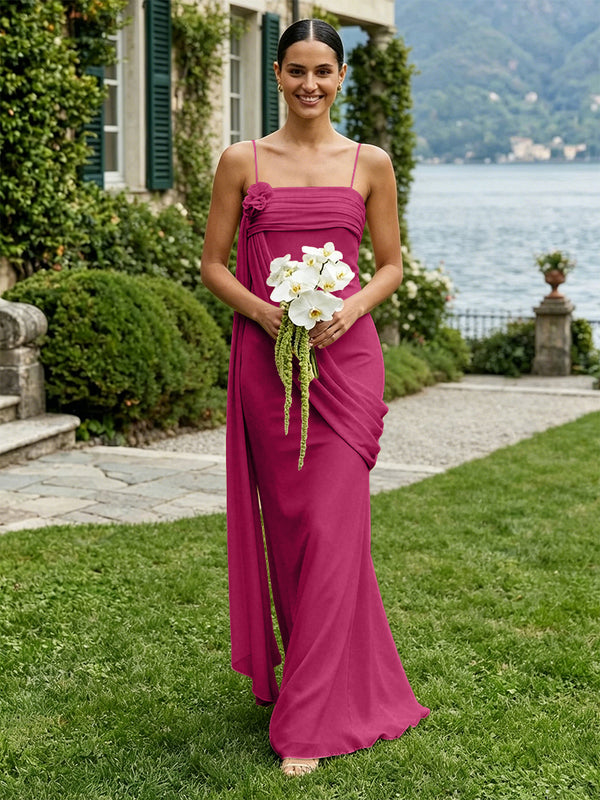 Chiffon Square Neck Ruched Spaghetti Straps Pleated Bridesmaid Dresses