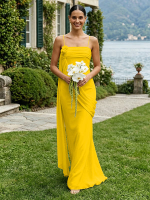 Chiffon Square Neck Ruched Spaghetti Straps Pleated Bridesmaid Dresses