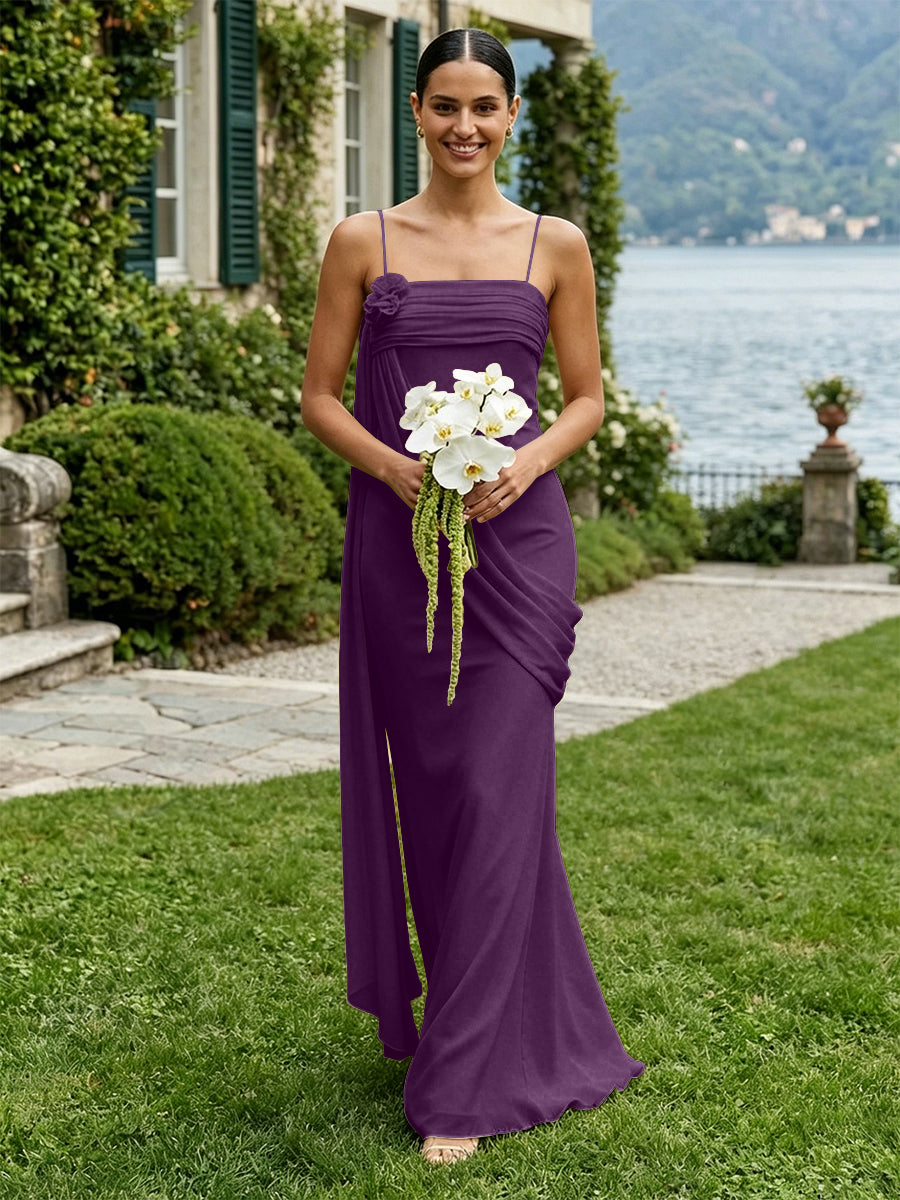 Chiffon Square Neck Ruched Spaghetti Straps Pleated Bridesmaid Dresses