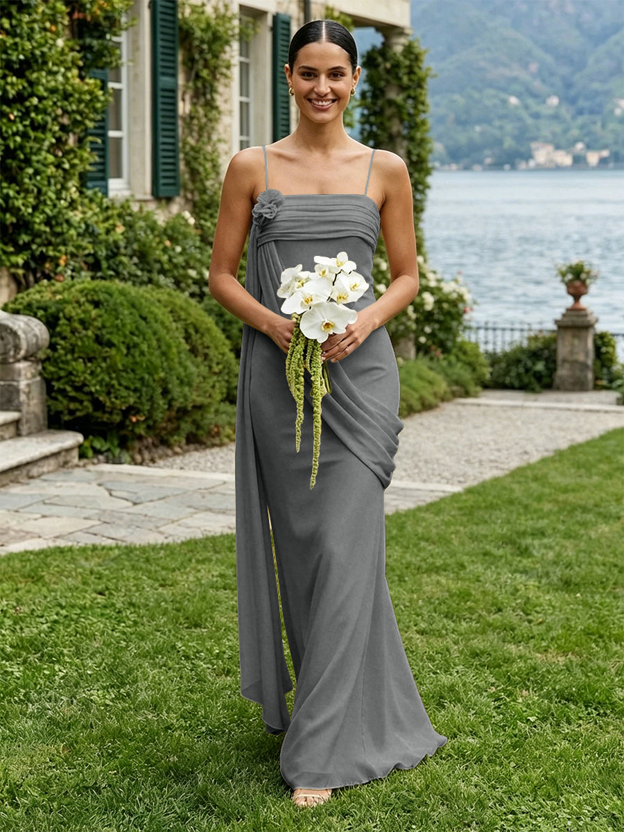 Chiffon Square Neck Ruched Spaghetti Straps Pleated Bridesmaid Dresses
