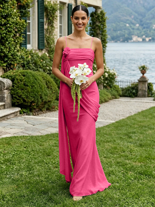 Chiffon Square Neck Ruched Spaghetti Straps Pleated Bridesmaid Dresses