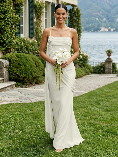 Chiffon Square Neck Ruched Spaghetti Straps Pleated Bridesmaid Dresses