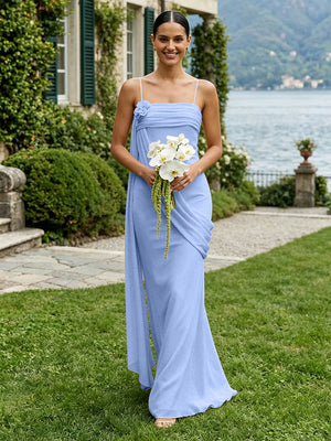 Chiffon Square Neck Ruched Spaghetti Straps Pleated Bridesmaid Dresses
