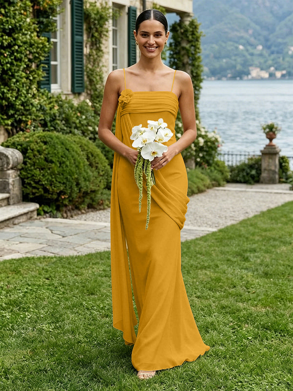 Chiffon Square Neck Ruched Spaghetti Straps Pleated Bridesmaid Dresses