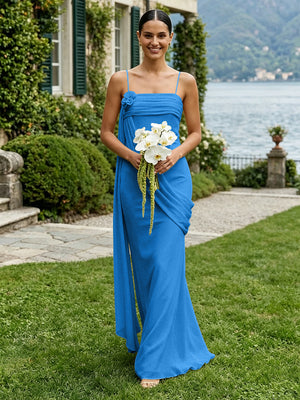 Chiffon Square Neck Ruched Spaghetti Straps Pleated Bridesmaid Dresses