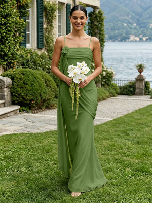 Chiffon Square Neck Ruched Spaghetti Straps Pleated Bridesmaid Dresses
