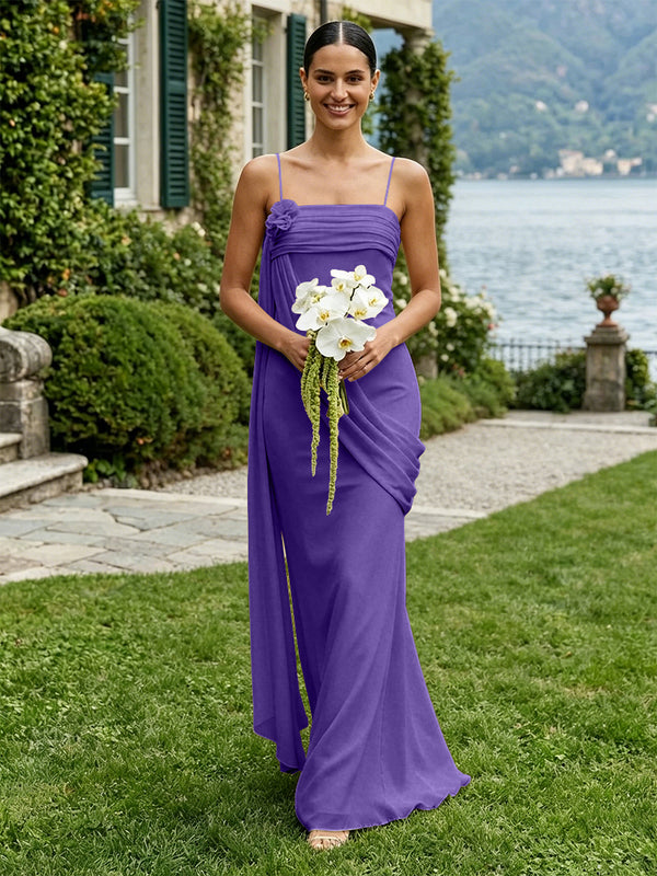 Chiffon Square Neck Ruched Spaghetti Straps Pleated Bridesmaid Dresses