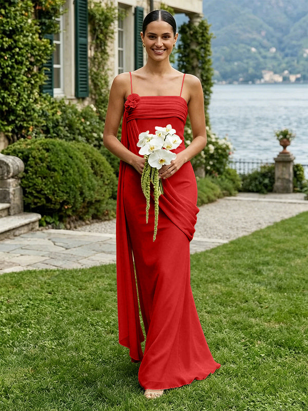 Chiffon Square Neck Ruched Spaghetti Straps Pleated Bridesmaid Dresses