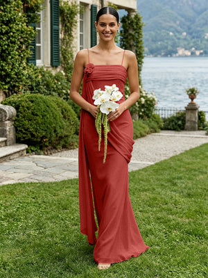 Chiffon Square Neck Ruched Spaghetti Straps Pleated Bridesmaid Dresses