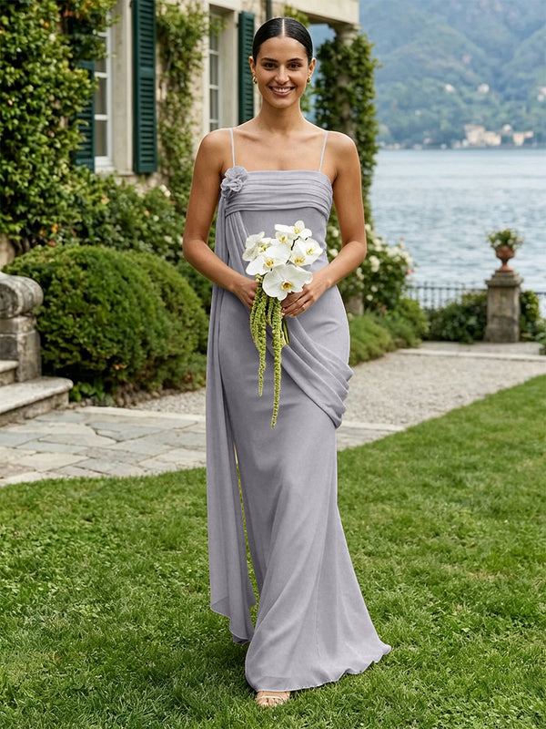 Chiffon Square Neck Ruched Spaghetti Straps Pleated Bridesmaid Dresses