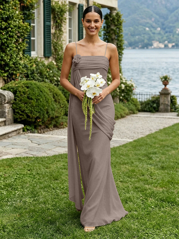 Chiffon Square Neck Ruched Spaghetti Straps Pleated Bridesmaid Dresses