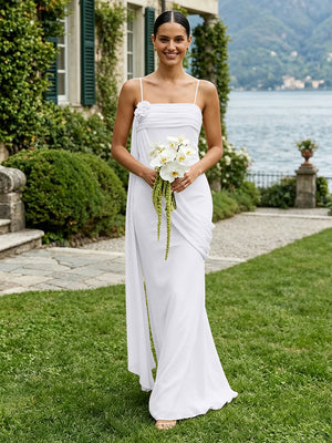 Chiffon Square Neck Ruched Spaghetti Straps Pleated Bridesmaid Dresses