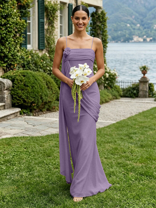 Chiffon Square Neck Ruched Spaghetti Straps Pleated Bridesmaid Dresses