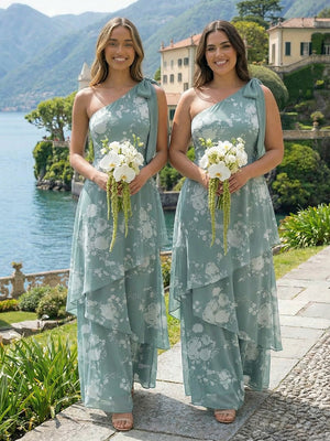 Floral One Shoulder Layered Bow Bridesmaid Dresses