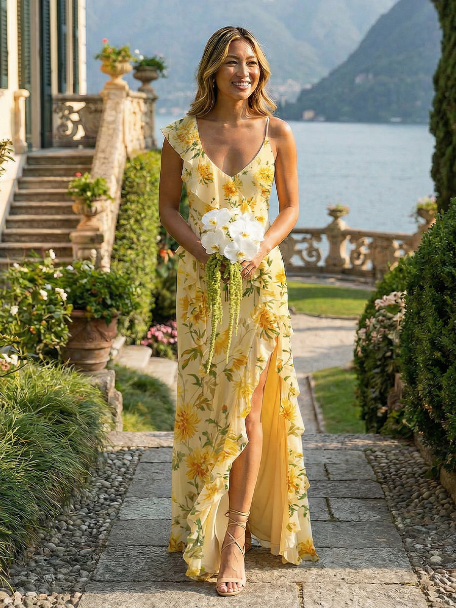 Floral Chiffon Spaghetti Straps Layered Ruffles Pleated Bridesmaid Dresses with Slit