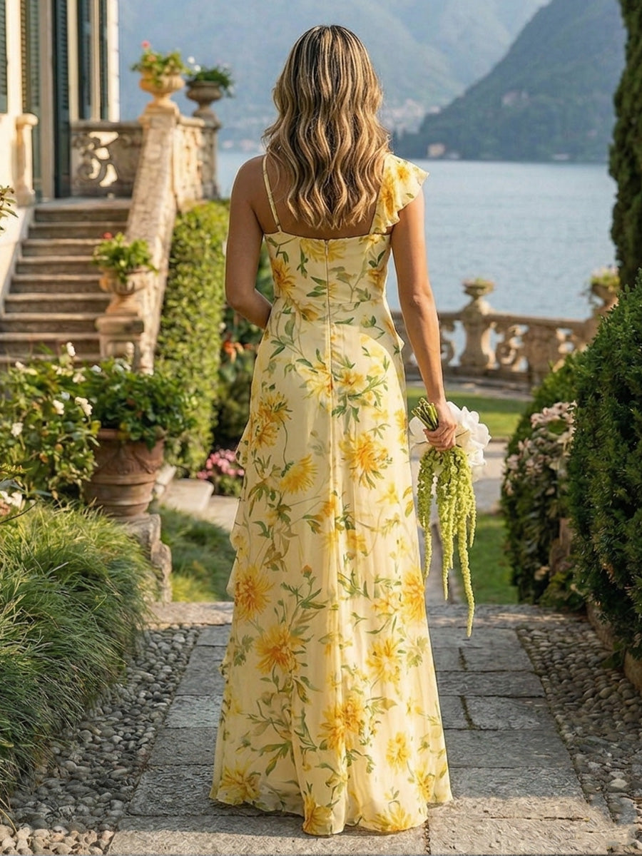 Floral Chiffon Spaghetti Straps Layered Ruffles Pleated Bridesmaid Dresses with Slit