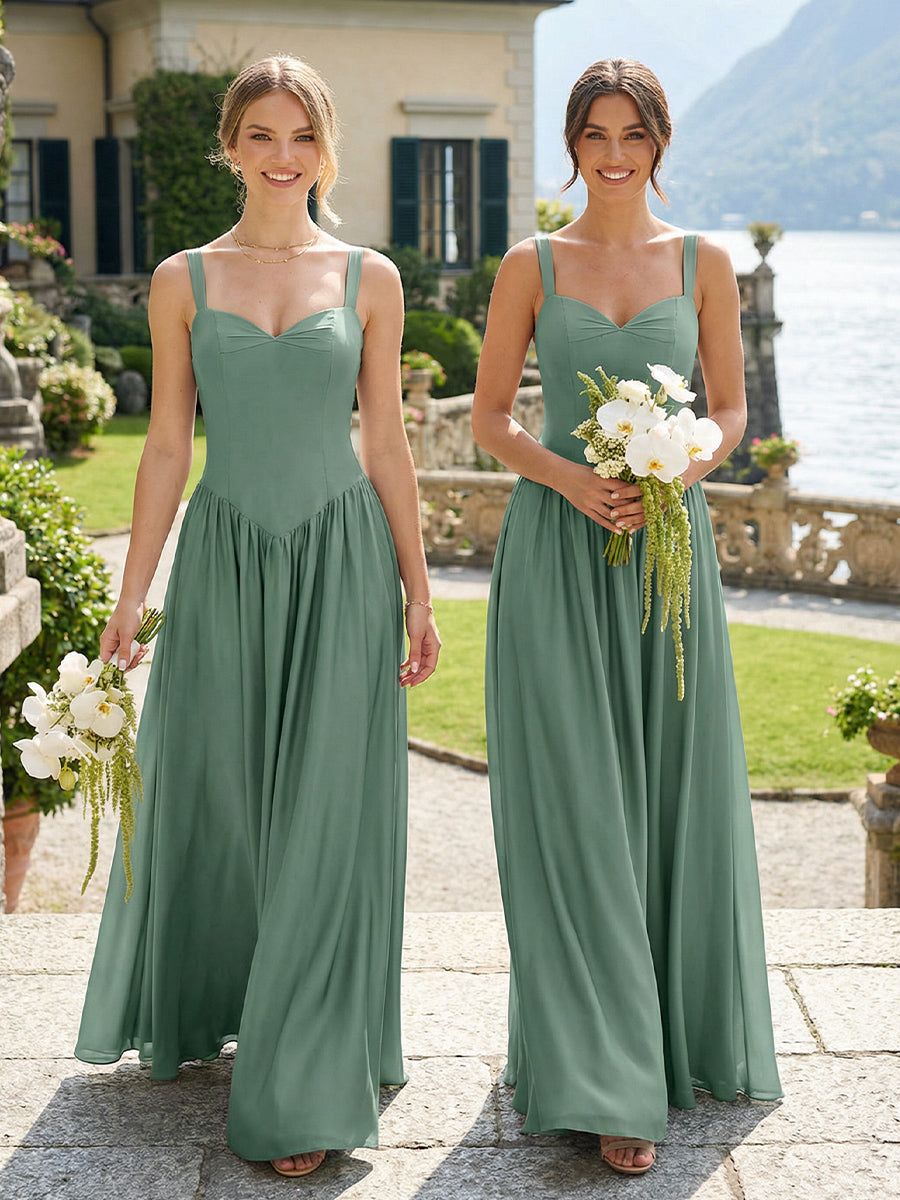 Spaghetti Straps Sweetheart Chiffon Pleated Bridesmaid Dresses