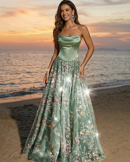 Tulle Sequin Strapless Long Evening Dresses with Floral Embroidery