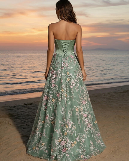 Tulle Sequin Strapless Long Evening Dresses with Floral Embroidery