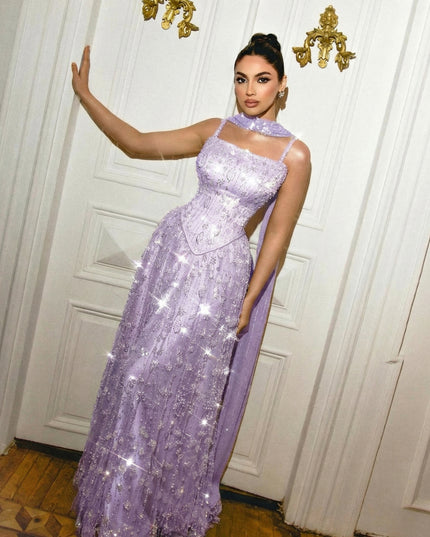 Sequin Beading Spaghetti Straps Long Evening Dresses with Scarf