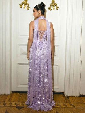 Sequin Beading Spaghetti Straps Long Evening Dresses with Scarf