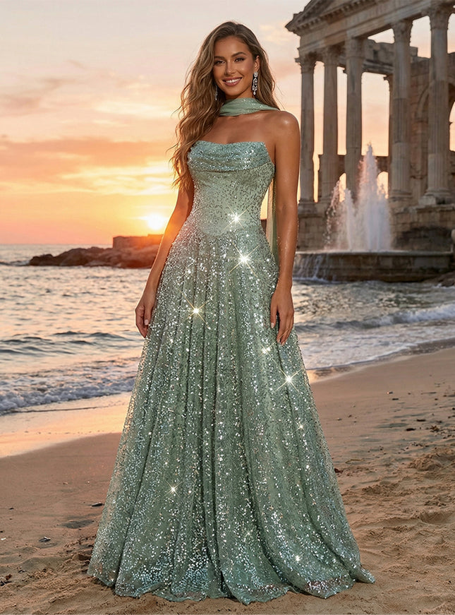 Sequin Tulle Strapless Long Evening Dresses with Scarf