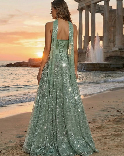 Sequin Tulle Strapless Long Evening Dresses with Scarf