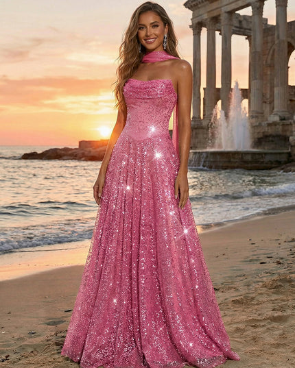 Tulle Sequin Strapless Long Evening Dresses with Scarf