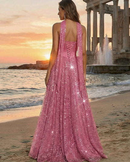 Tulle Sequin Strapless Long Evening Dresses with Scarf
