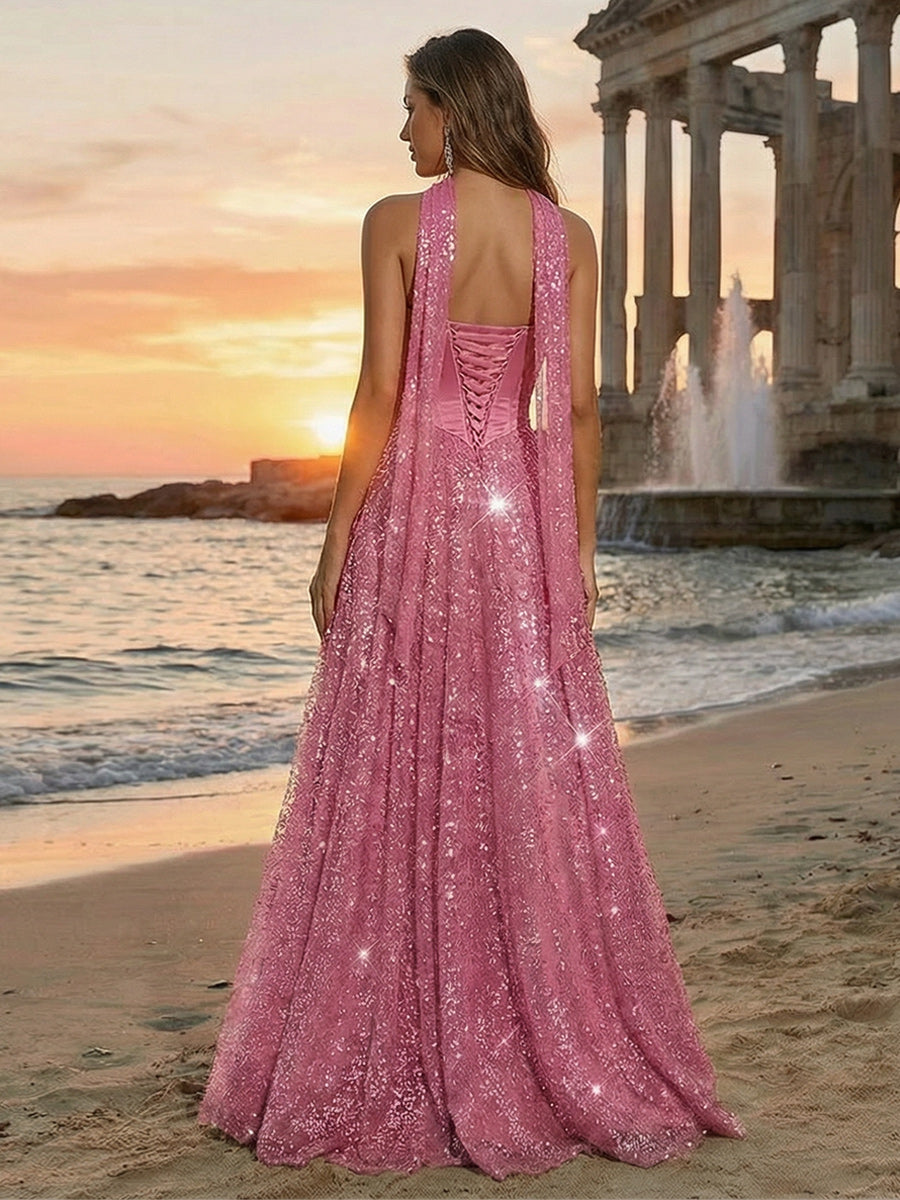 Tulle Sequin Strapless Long Evening Dresses with Scarf