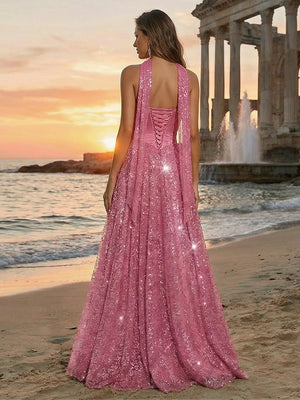 Tulle Sequin Strapless Long Evening Dresses with Scarf