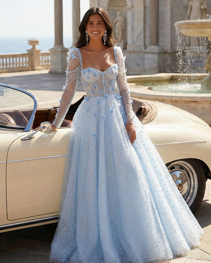 Tulle Sequin Long Sleeves Evening Dresses with 3D Floral Appliques