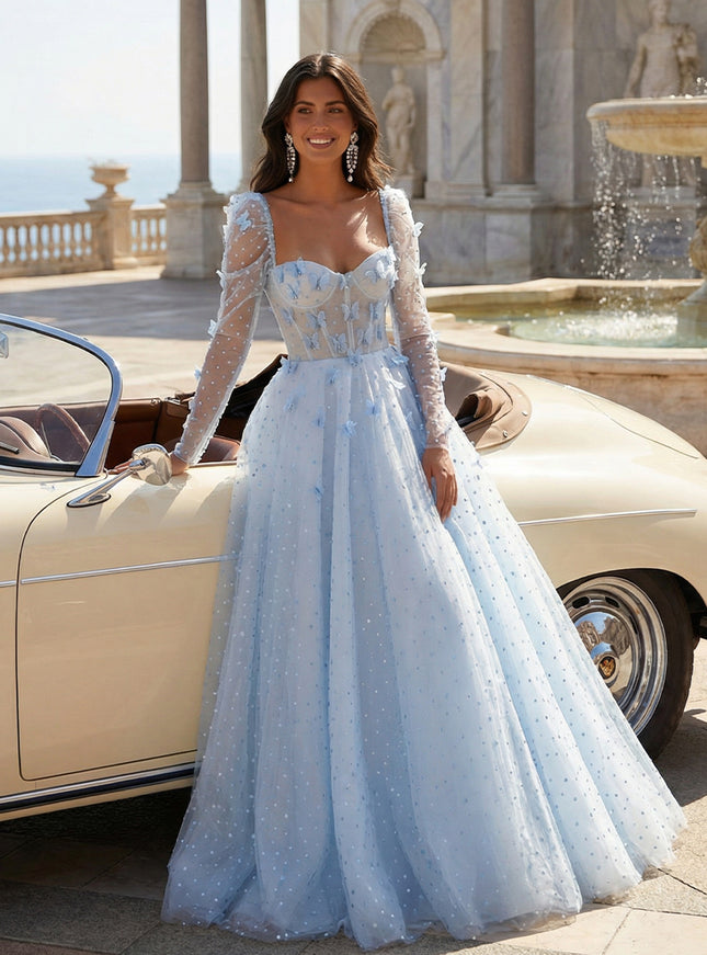 Tulle Sequin Long Sleeves Evening Dresses with 3D Floral Appliques