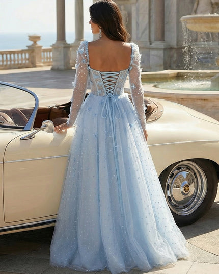 Tulle Sequin Long Sleeves Evening Dresses with 3D Floral Appliques
