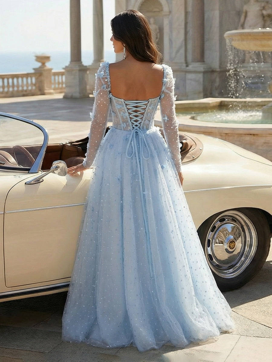 Tulle Sequin Long Sleeves Evening Dresses with 3D Floral Appliques