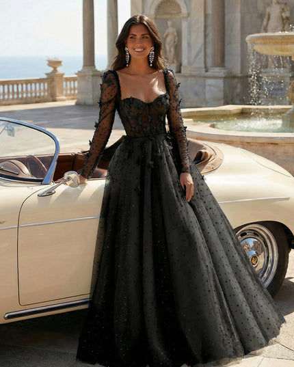 Tulle Sequin Long Sleeves Evening Dresses with 3D Floral Appliques