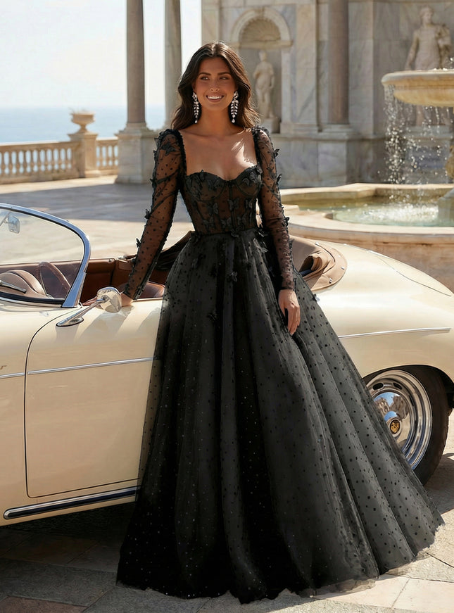 Tulle Sequin Long Sleeves Evening Dresses with 3D Floral Appliques