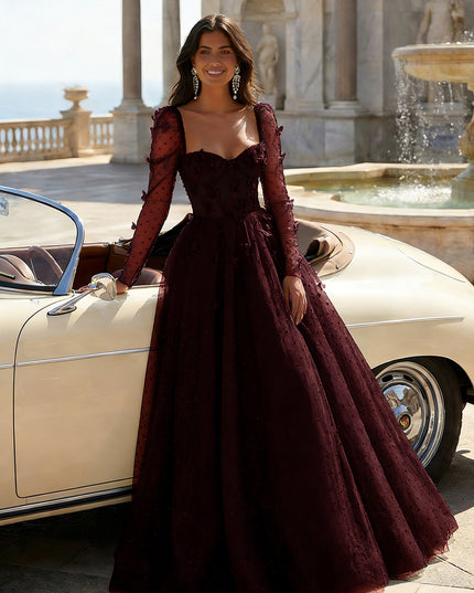 Tulle Sequin Long Sleeves Evening Dresses with 3D Floral Appliques