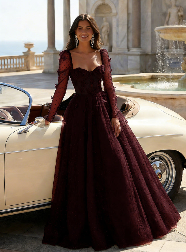 Tulle Sequin Long Sleeves Evening Dresses with 3D Floral Appliques