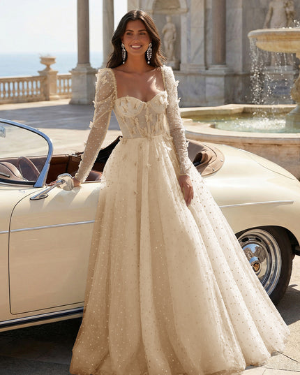 Tulle Sequin Long Sleeves Evening Dresses with 3D Floral Appliques