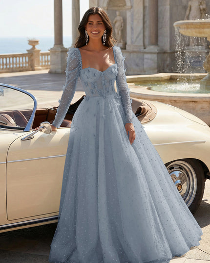 Tulle Sequin Long Sleeves Evening Dresses with 3D Floral Appliques