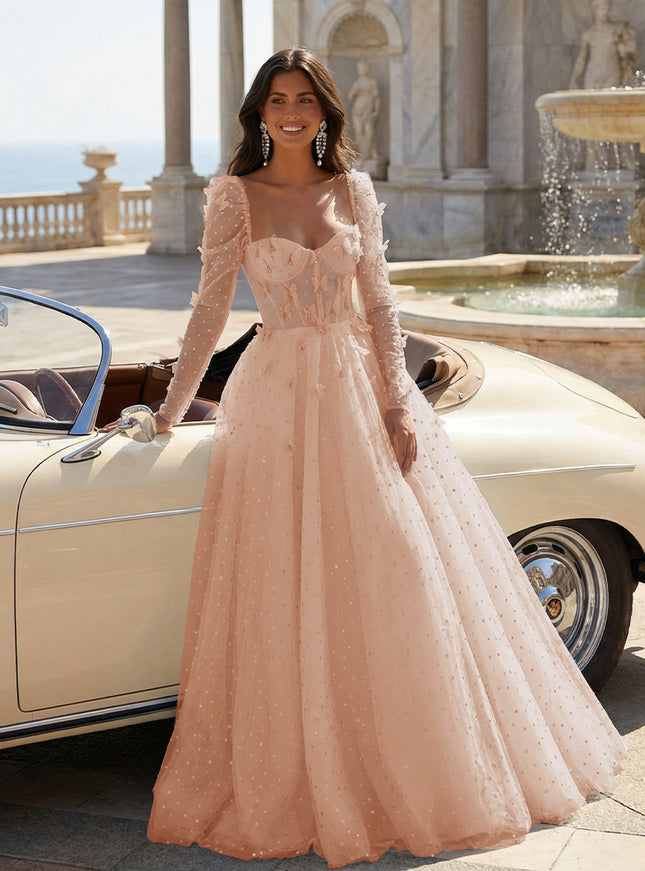 Tulle Sequin Long Sleeves Evening Dresses with 3D Floral Appliques