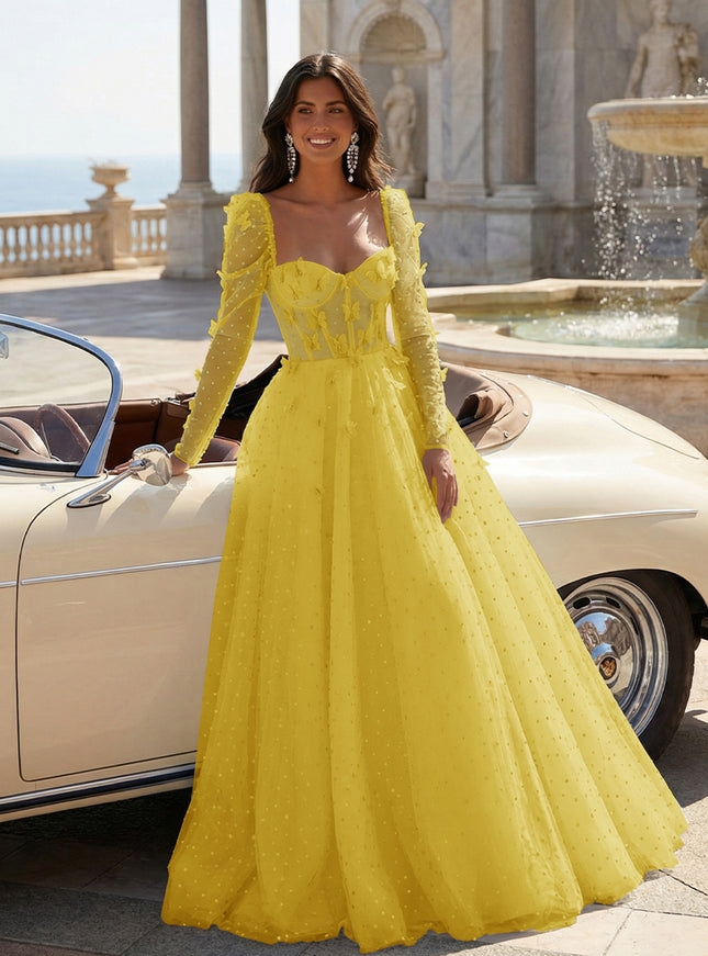 Tulle Sequin Long Sleeves Evening Dresses with 3D Floral Appliques