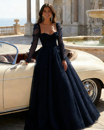 Tulle Sequin Long Sleeves Evening Dresses with 3D Floral Appliques