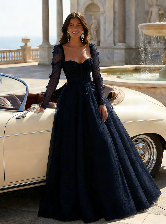 Tulle Sequin Long Sleeves Evening Dresses with 3D Floral Appliques