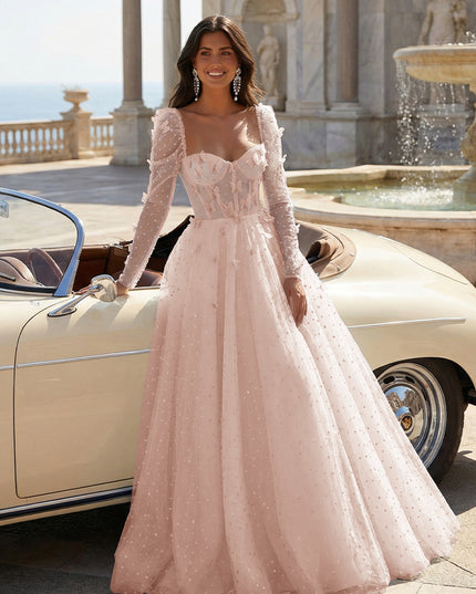 Tulle Sequin Long Sleeves Evening Dresses with 3D Floral Appliques