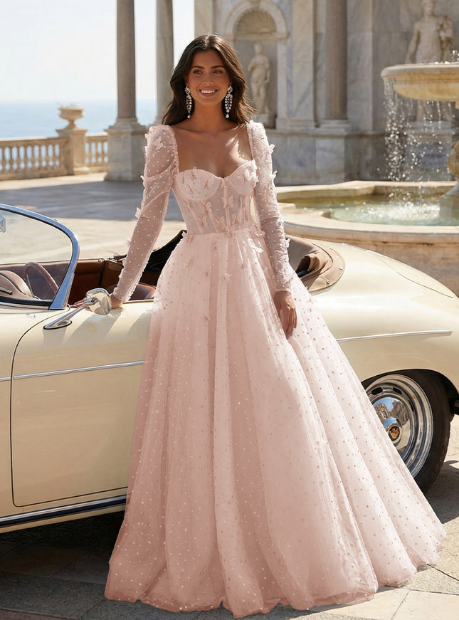 Tulle Sequin Long Sleeves Evening Dresses with 3D Floral Appliques